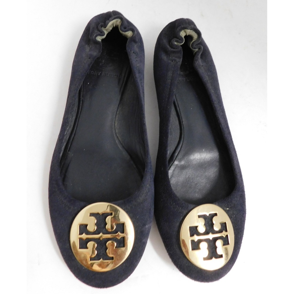 Tory Burch Reva Navy Blue Suede Gold Hardware Ballet Flat Size 6